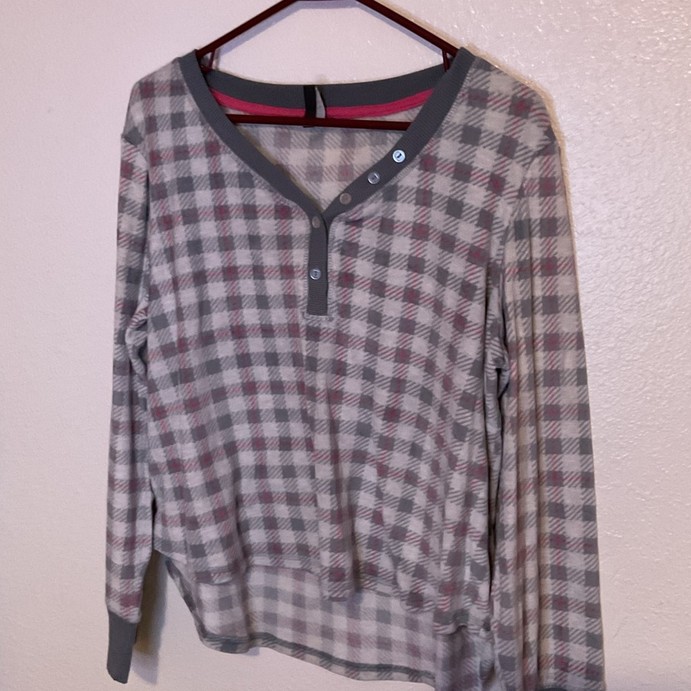 Gray and Pink Plaid Long Sleeve Pajama Top